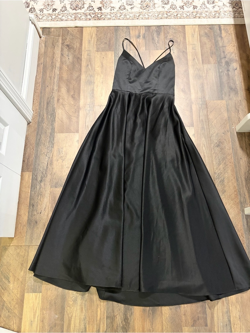AB Studio Black Satin V-Neck Spaghetti Strap Evening Gown
